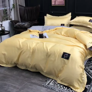 91家纺网 家纺一手货源 找家纺 欧冠 2019新款水洗真丝贴布绣四件套 床单款 亮黄灰