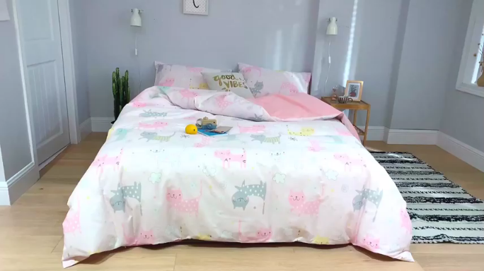 91家纺网 家纺一手货源 找家纺 棉生活 2019新款13372萌系小清新四件套床单款猫咪宝贝