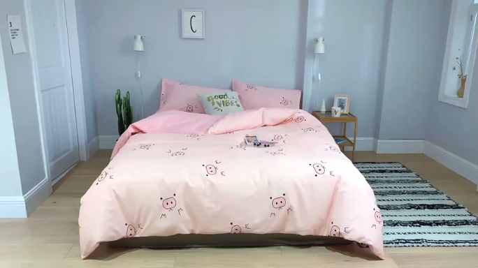 91家纺网 家纺一手货源 找家纺 棉生活 2019新款13372萌系小清新四件套床单款奶油小猪