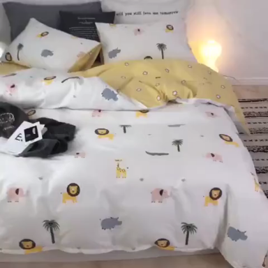91家纺网 家纺一手货源 找家纺 沐棉 2019新款13370小卡通小清新四件套床单款 动物园