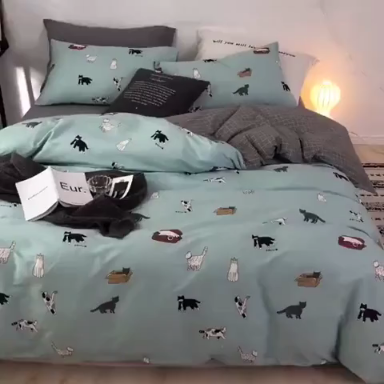 91家纺网 家纺一手货源 找家纺 沐棉 2019新款13370小卡通小清新四件套床单款 可爱猫