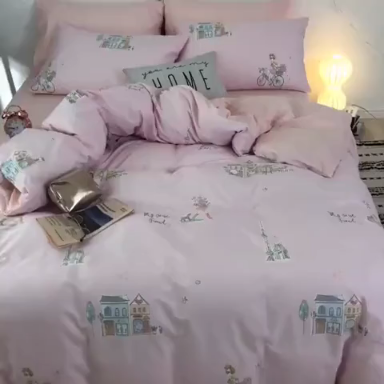 91家纺网 家纺一手货源 找家纺 沐棉2019新款13370小卡通小清新四件套床单款 美好时光
