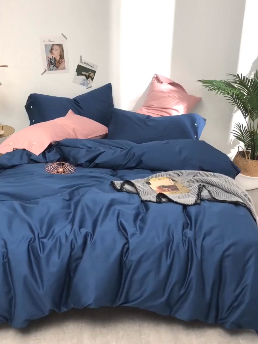 91家纺网 家纺一手货源 找家纺 优然居家纺 60支长绒棉纯色四件套藏青