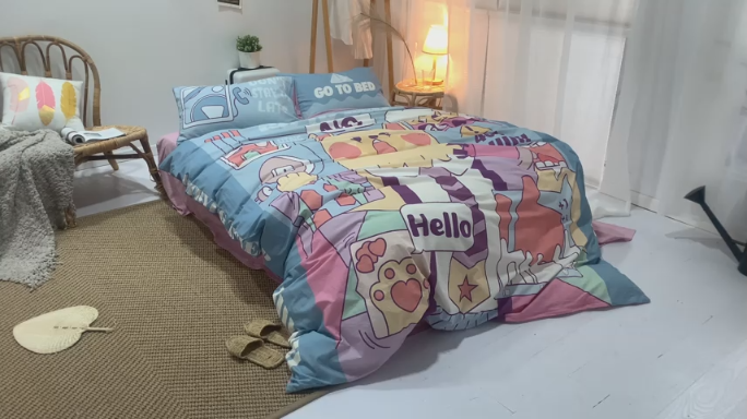 91家纺网 家纺一手货源 找家纺 璞素 2019新款水洗棉数码印花套件 网络生活-蓝