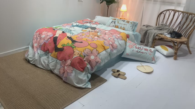 91家纺网 家纺一手货源 找家纺 璞素 2019新款水洗棉数码印花套件 樱花与猫