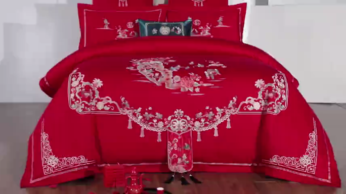 91家纺网 家纺一手货源 找家纺 （总）千禧婚庆专 供 长绒棉贡缎提花绣花婚庆四件套