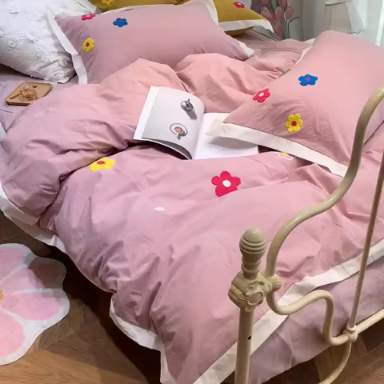 91家纺网 家纺一手货源 找家纺 润缦 32支加厚全棉水洗棉四件套泫雅风实拍图 泫雅风豆沙