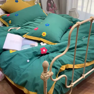 91家纺网 家纺一手货源 找家纺 润缦 32支加厚全棉水洗棉四件套泫雅风实拍图 泫雅风墨绿