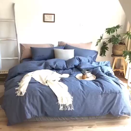 91家纺网 家纺一手货源 找家纺 怡家居 2019纯棉色织水洗刺绣简约款四件套床单款 牛仔蓝