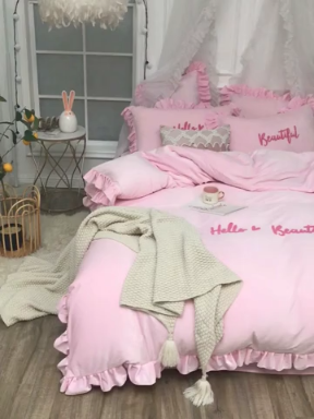 91家纺网 家纺一手货源 找家纺 绒世界 秋冬绒款花边款和毛巾绣四件套床单款 毛巾绣-粉色