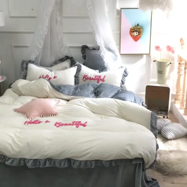 91家纺网 家纺一手货源 找家纺 绒世界 秋冬绒款花边款和毛巾绣四件套床单款 毛巾绣-灰白