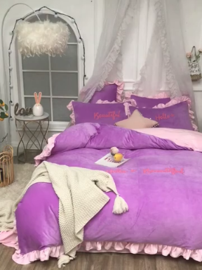 91家纺网 家纺一手货源 找家纺 绒世界 秋冬绒款花边款和毛巾绣四件套床单款 毛巾绣-紫粉