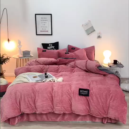 91家纺网 家纺一手货源 找家纺 唐人居家纺  2025冬季保暖魔法绒四件套 丽莎-豆沙