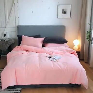 91家纺网 家纺一手货源 找家纺 梦家居 2019韩国简约素色天鹅绒四件套 浅粉搭深灰