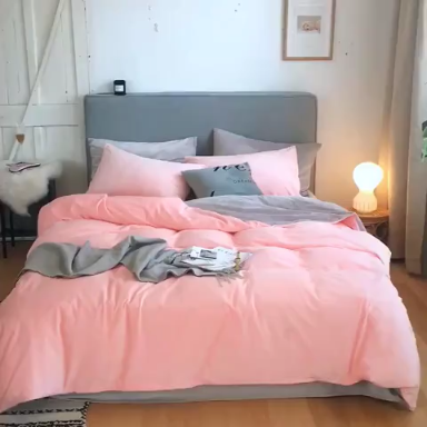 91家纺网 家纺一手货源 找家纺 梦家居 2019韩国简约素色天鹅绒四件套 浅粉拼浅灰