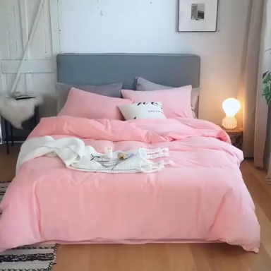 91家纺网 家纺一手货源 找家纺 梦家居 2019韩国简约素色天鹅绒四件套 浅粉色