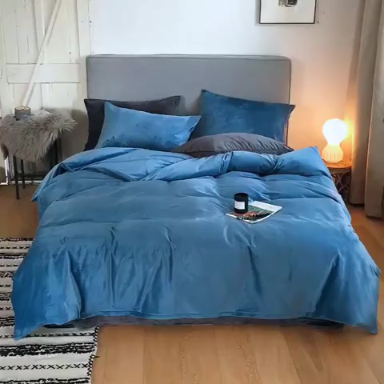 91家纺网 家纺一手货源 找家纺 梦家居 2019韩国简约素色天鹅绒四件套 雾蓝搭深灰