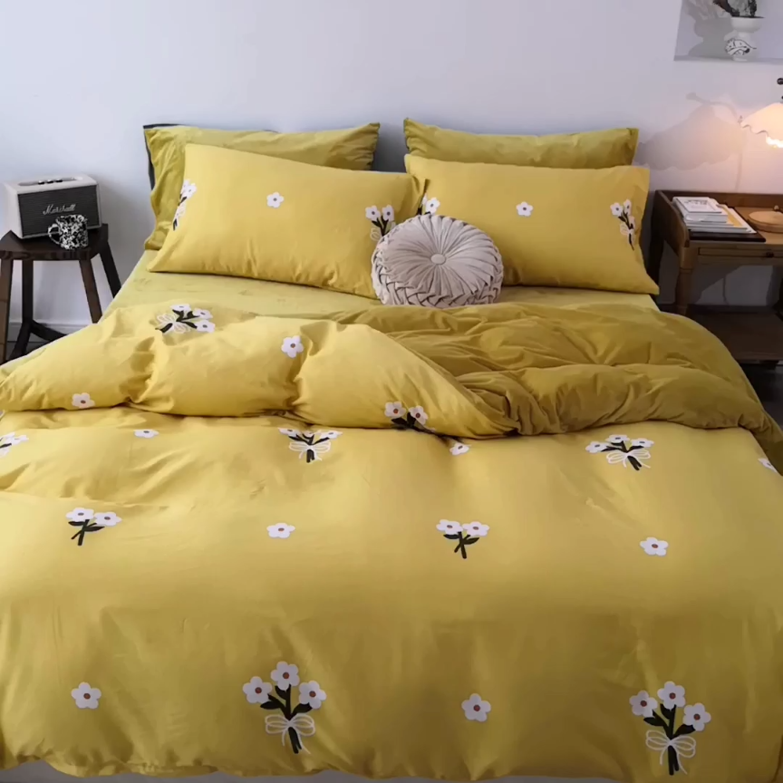 91家纺网 家纺一手货源 找家纺 昔可 2019新款13372棉加绒花卉系列四件套 雏菊-黄