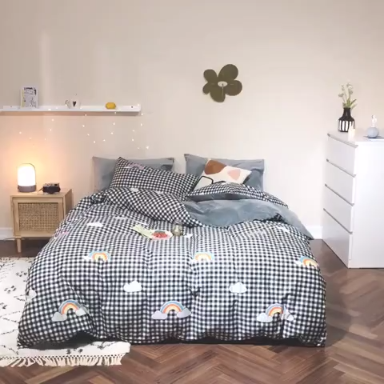 91家纺网 家纺一手货源 找家纺 昔可 2019新款13372棉加绒简约系列四件套 格子彩虹