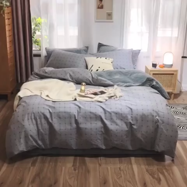 91家纺网 家纺一手货源 找家纺 昔可 2019新款13372棉加绒简约系列四件套 灰格子