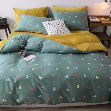 91家纺网 家纺一手货源 找家纺 昔可2019新款13372棉加绒简约系列四件套 七彩爱心-绿