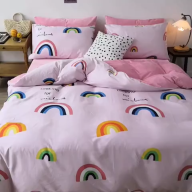 91家纺网 家纺一手货源 找家纺 昔可 2019新款13372棉加绒卡通系列四件套 彩虹-粉