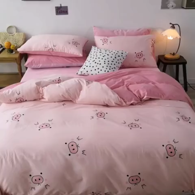 91家纺网 家纺一手货源 找家纺 昔可 2019新款13372棉加绒卡通系列四件套 粉猪猪