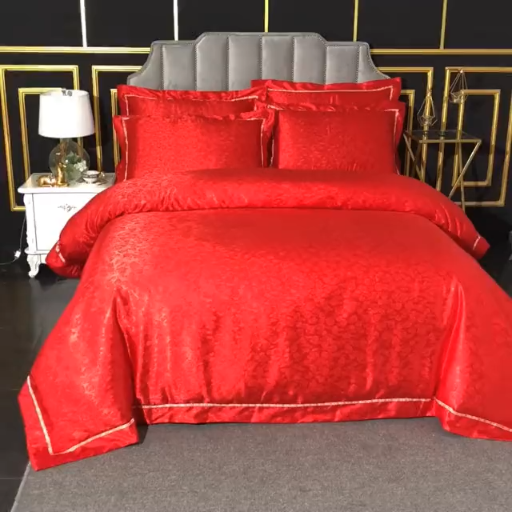 91家纺网 家纺一手货源 找家纺 玫瑰情缘大红2020新款60S天丝提花四件套全棉纯棉贡缎婚庆