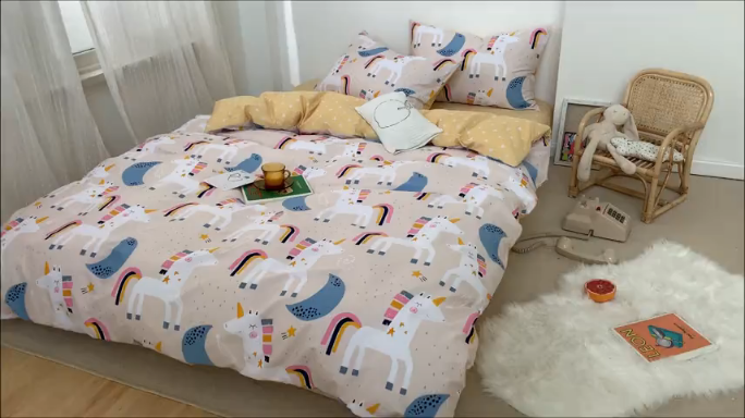 91家纺网 家纺一手货源 找家纺 时年 2019全棉小可爱四件套 彩虹马