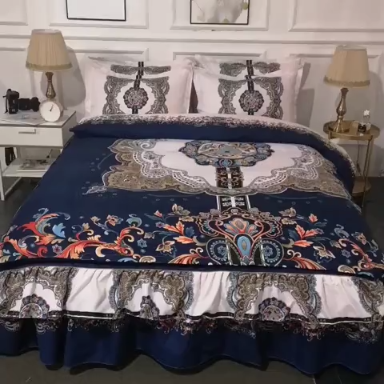 91家纺网 家纺一手货源 找家纺 梦柏家纺 2019新款加厚磨毛大版四件套床裙款 北海风-蓝