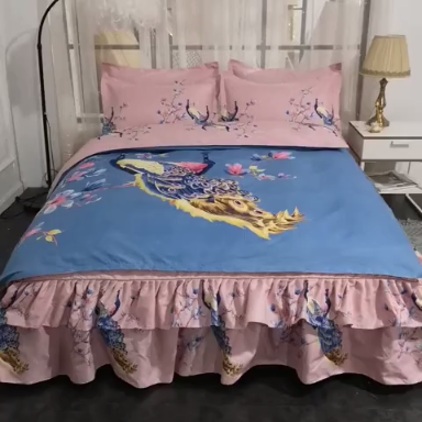 91家纺网 家纺一手货源 找家纺 梦柏家纺 2019新款加厚磨毛大版四件套床裙款 比翼双飞