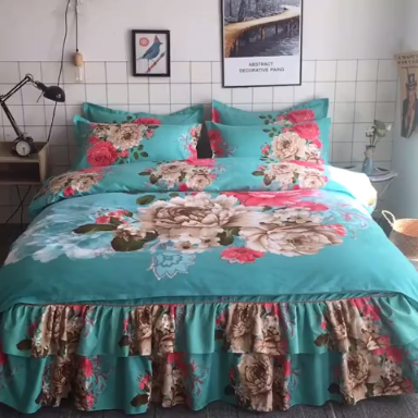 91家纺网 家纺一手货源 找家纺 梦柏家纺 2019新款加厚磨毛大版四件套床裙款 国色天香