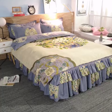 91家纺网 家纺一手货源 找家纺 梦柏家纺 2019新款加厚磨毛大版四件套床裙款 花间意-灰