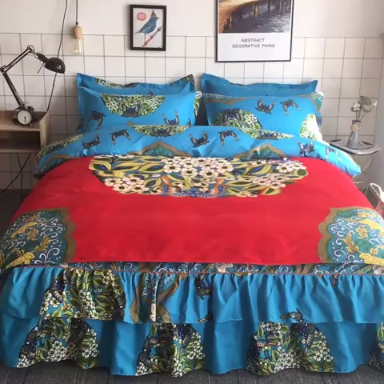 91家纺网 家纺一手货源 找家纺 梦柏家纺 2019新款加厚磨毛大版四件套床裙款 花间意-红