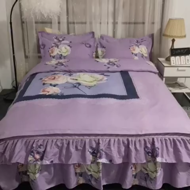 91家纺网 家纺一手货源 找家纺 梦柏家纺 2019新款加厚磨毛大版四件套床裙款 花香四溢