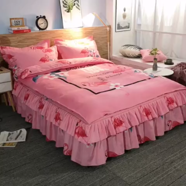 91家纺网 家纺一手货源 找家纺 梦柏家纺 2019新款加厚磨毛大版四件套床裙款 火烈鸟