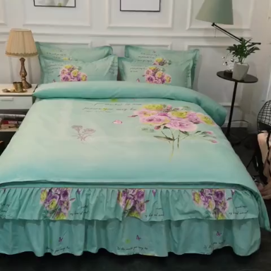 91家纺网 家纺一手货源 找家纺 梦柏家纺 2019新款加厚磨毛大版四件套床裙款 玫瑰花香