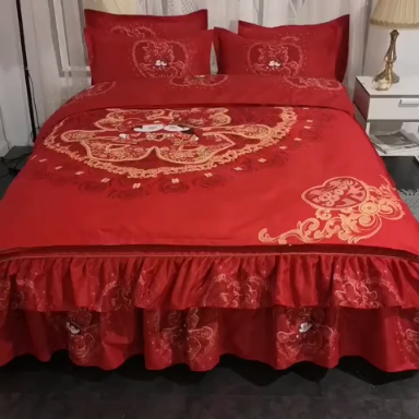 91家纺网 家纺一手货源 找家纺 梦柏家纺 2019新款加厚磨毛大版四件套床裙款 喜结良缘