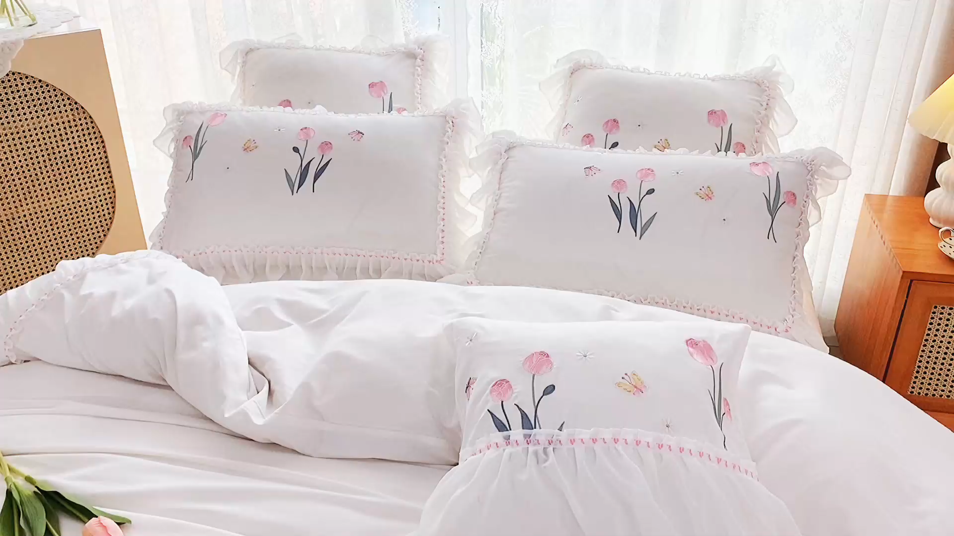 91家纺网 家纺一手货源 找家纺 （总）亲亲公主全棉绣花韩版公主风床裙款蕾丝四件套郁金香白色