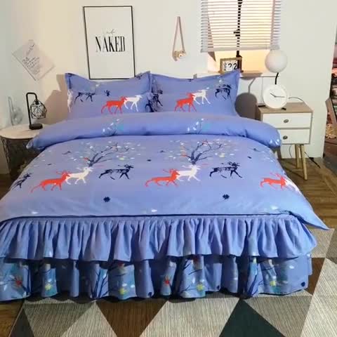 91家纺网 家纺一手货源 找家纺 梦柏家纺 2019新款加厚磨毛小版四件套床裙款 麗鹿森林