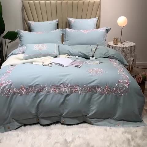 91家纺网 家纺一手货源 找家纺 馨蕊家居 2021新款60磨毛绣花四件套 梦町-抹茶绿磨毛