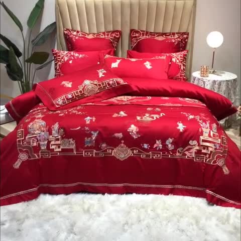 91家纺网 家纺一手货源 找家纺 馨蕊家居 2021新款100支高端婚庆四件套 百子麟凤