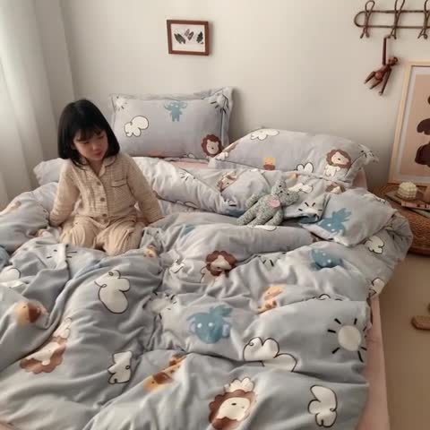 91家纺网 家纺一手货源 找家纺 时年 2019牛奶绒印花保暖四件套童模图 动物伙伴