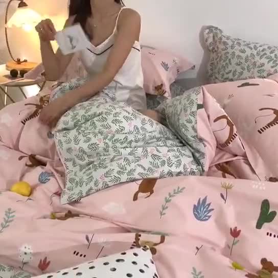 91家纺网 家纺一手货源 找家纺 窝米2019全棉13372卡通花卉系列四件套床单款猴子的故事