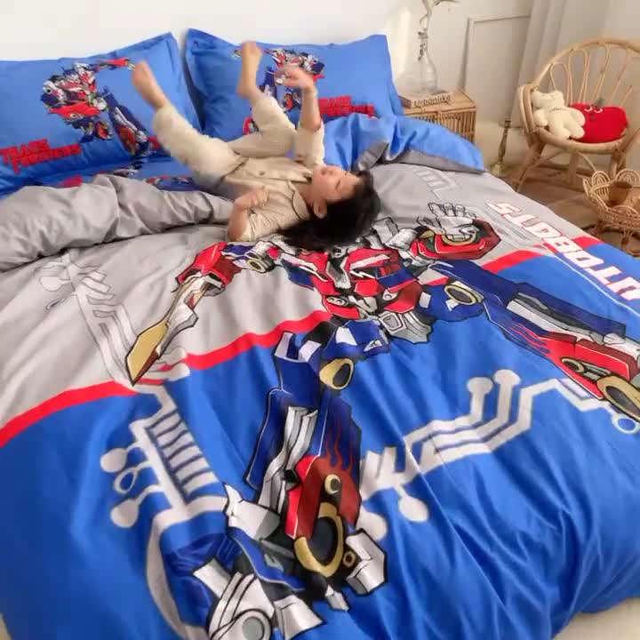 91家纺网 家纺一手货源 找家纺 金爱家家纺 2021新款童梦系列大版卡通全棉四件套 擎天柱