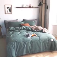 91家纺网 家纺一手货源 找家纺 蓝巢家纺 2020年春夏新品全棉加厚水洗棉双拼款四件套绿卡其