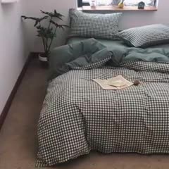 91家纺网 家纺一手货源 找家纺 蓝巢家纺 2020年春夏新品全棉加厚水洗棉双拼款四件套绿小格