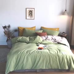 91家纺网 家纺一手货源 找家纺 蓝巢家纺2020年春夏新品全棉加厚水洗棉双拼款四件套抹茶卡其