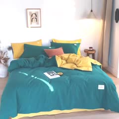 91家纺网 家纺一手货源 找家纺 蓝巢家纺2020年春夏新品全棉加厚水洗棉双拼款四件套墨绿杏黄