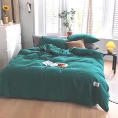 91家纺网 家纺一手货源 找家纺 蓝巢家纺 2020年春夏新品全棉加厚水洗棉双拼款四件套素墨绿